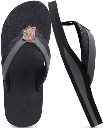 KuaiLu Leather Flip Flops Men Support Thong Sandals Shower Dark Black 7
