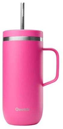 QWETCH - Cold Cup 600ml avec Poignée et Paille - 24h Glacé & 12h Froid - Magenta - Gourde Isotherme en Inox, Sans BPA, Tasse Thermos Café
