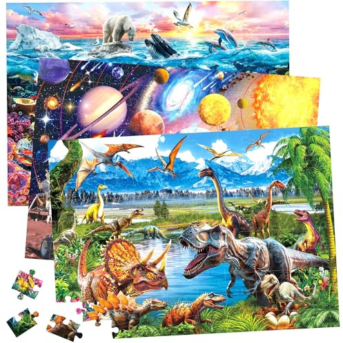 BenBen 3 Pack 100 Piece Puzzles for Kids Ages 4-6 6-8, Dinosaur Space Ocean
