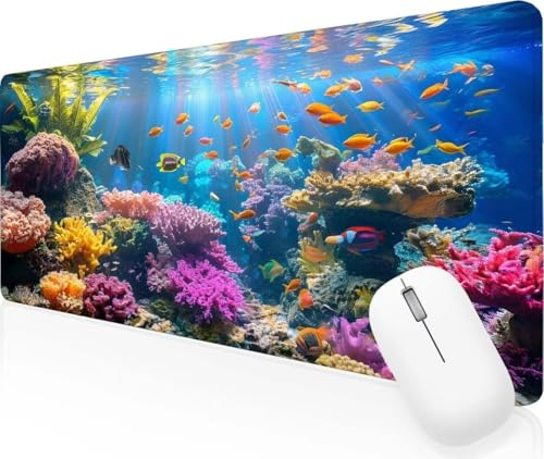 Große Mauspad 700x300x3mmMeeresboden Fisch XXL Schreibtisch Zubehör Gaming Tastatur Matte, Mit Genähten Kanten, rutschfeste Gummibasis, Stabiler Halt glatten Oberflächen, für Internetcafé Home J-143