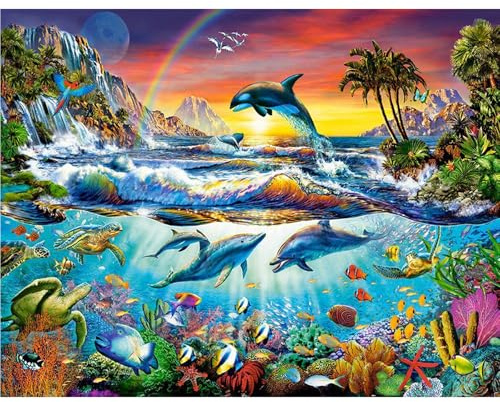 GLIDIAM 50x40cm Diamond Painting Delfine Sonnenuntergang, Diamant Malerei Bilder Tiere Meer, DIY Full Drill Basteln Erwachsene, Mosaik Stickerei Kreuzstich Geschenk für Wanddeko Wohnzimmer