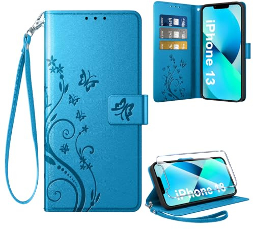 Coiwxmoi Coque pour iPhone 13 + 1 Verre Trempé, Retro Design Housse Premium en Cuir PU Pochette de Portefeuille pour Porte Cartes Fonction Stand Flip Etui pour iPhone 13, Bleu