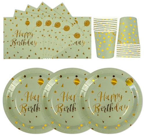 Lot de 72 assiettes en carton pour fête d'anniversaire, motif Happy Birthday, vert sauge, doré, pour filles et enfants, décoration de table pour 24 invités