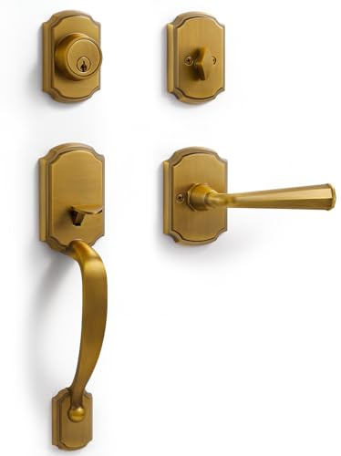 SORWDUERM 1 Pack Antique Brass Front Door Handle and Deadbolt Set Reversible Lever Entry Handleset with Lock and Key Single Cylinder