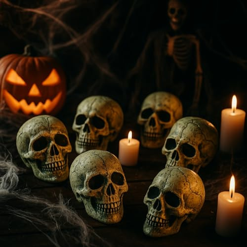 SIROCO Lot de 6 Têtes de Mort 10 cm en Plastique à Poser ou à Suspendre Décoration Maison et Table Halloween