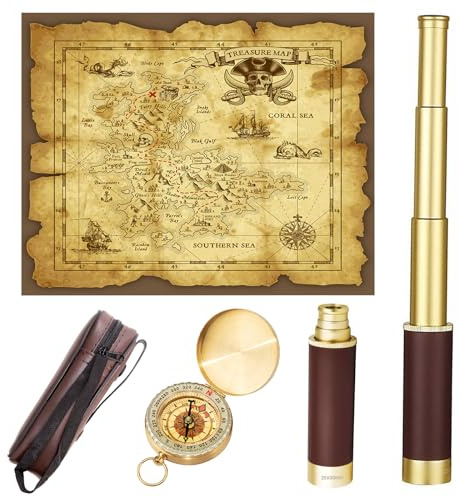 Laupha Retro Pirat Teleskop Monokular mit Schatzkarte 25x30 Zoomable Vintage Kapitän Jack Spyglass BAK-4 Linse Fernrohr Kinder Faltbar Tragbar Pocket Monokular für Outdoor Camping