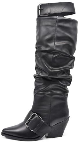 IF Stivali Texani Western alti donna con punta affusolata e gambale arricciato tacco a cono e cinturino largo rimovibile GA043 nero N.37