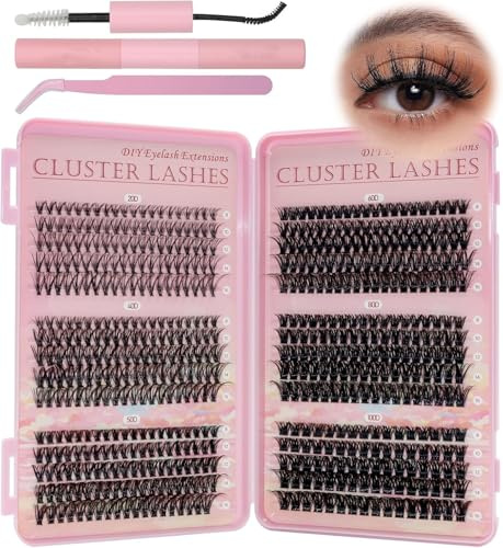 VEGCOO 590 Pièces Faux Cils Individuel, 20-40-50-60-80-100D Lashes Cluster, Kit d'extensions de Cils Courbés D 8-16 mm, Extension de Cils à Faire Soi-même pour Filles et Femmes Débutantes