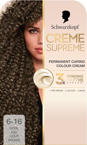 Schwarzkopf Creme Supreme 6-16 Cool Ash Light Brown, Permanent Hair Dye, Caring Hair Dye Colouration with 3-Step Bonding System Against Damage, 100% Grey Coverage