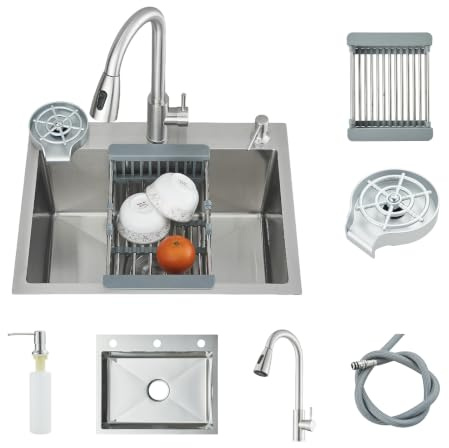 Spülbecken Küche Multifunktionale Waschbecken Küchenspüle Edelstahl mit Ausziehbarer Armatur Seifenspender und Automatischem Glasreiniger Abtropfgestell 1 Becken 60 * 45 * 20cm Gebürstetes Nickel