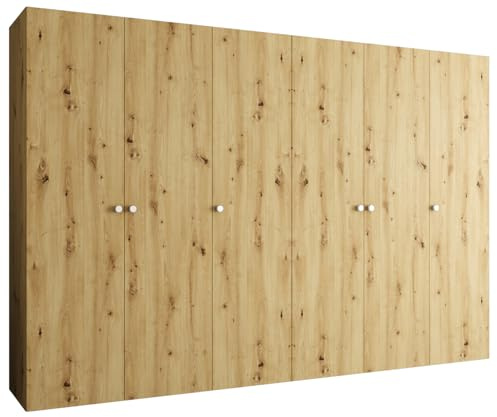 MEBLE KRYSPOL - Kleiderschrank - Garderobenschrank - 300 cm x 202 x 52 cm - Schrank mit Kleiderstange, 6 Türen - für Schlafzimmer, Flur - Parma, Artisan-Eiche, Griff Silber