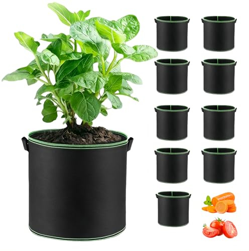 Tel Charme * 10 Pack 5 Gallon Plant Grow Bags with Handle, Breathable Nonwoven Fabric Pots Vegetables Tomato Flower Plant Container for Potato Tomato Chili Strawberry Vegetables Outdoor