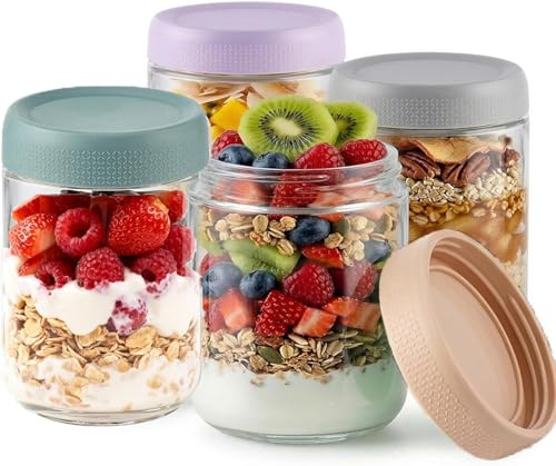 Fulfun 16oz Overnight Oats Jar, 4Pack Mason Salad Jars with Airtight Lids, Glass Yoghurt Pots Breakfast Storage Containers for Snacks Yogurt Spice Sugar(480ML)