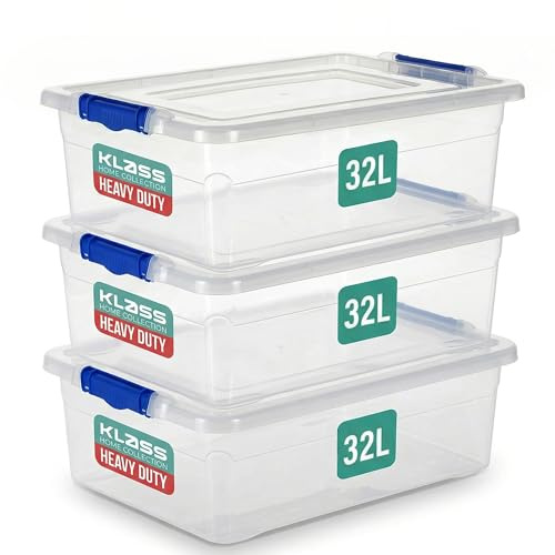 Klass 3 PCS 32L Underbed Plastic Storage Boxes With Lids, Clear Cliping Lid | 3 Pack, 32 Litre Nestable Stackable Storage Box With Clip-lock Lid, Under Bed Storage Containers For Home, Kitchen, Office
