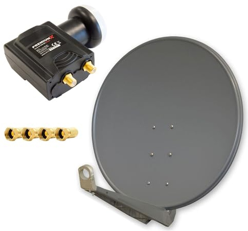 Premium X DELUXE100 Satellitenantenne 100 cm Aluminium in Anthrazit Offset Antenne HDTV 3D 4K Deluxe Twin LNB Sat für 2 Teilnehmer Digital Signalumsetzer DVB-S2 HD UHD 4K