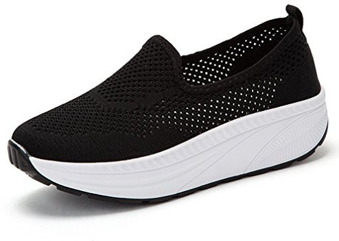 Hishoes Damen Atmungsaktiv Mesh Keilabsatz Laufschuhe Plateau Freizeitschuhe Shape-Up Fitness Laufen Sportschuhe-Schwarz1-39 EU