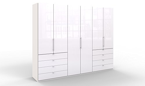 WIEMANN Loft Kleiderschrank, Schlafzimmerschrank, Gleittürenschrank, Drehtürenschrank, mit Schubladen, Glas, weiß, B/H/T 300 x 236 x 58 cm