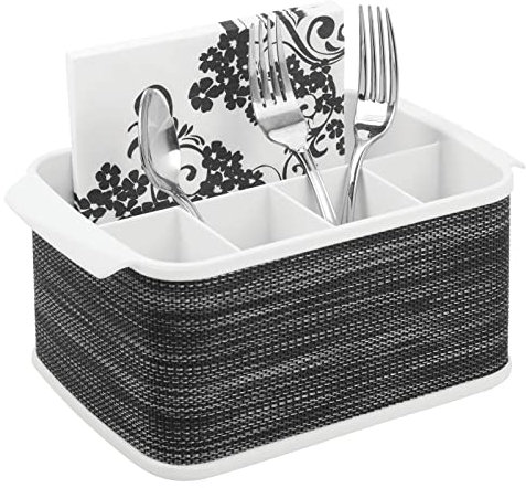mDesign Cutlery Holder with Handles – Decorative Cutlery Basket for Kitchen, Garden or Picnic – Storage Box with Large Compartments – White/Graphite Grey