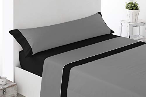 Cabetex Home - Juego de sábanas Lisas - Colores Combinados - 3 Piezas - Microfibra Transpirable (Gris/Negro, 135x190/200 cm)