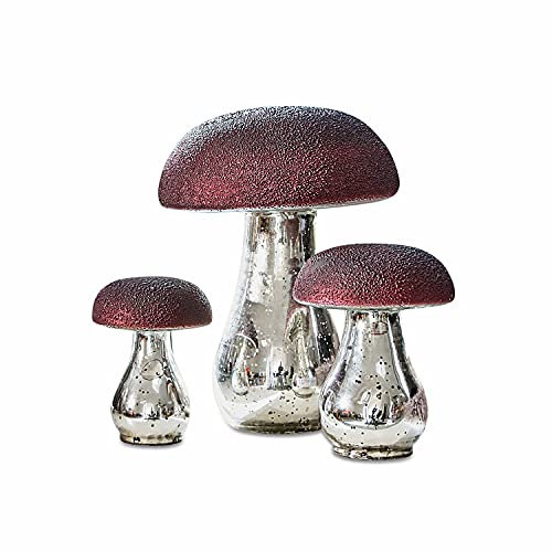 Loberon Deko-Pilz 3er Set Vejolles, DREI Größen, glänzender Bauernglas-Stiel, Matter Hut, Dekoration, Dekoobjekte, Glas, antiksilber/rot