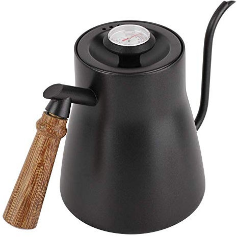 Goteo de la Caldera del Té del Cuello de Cisne del Acero Inoxidable 850ml Sobre las Teteras de la Caldera del Café Con la Manija de Madera[Con termómetro]