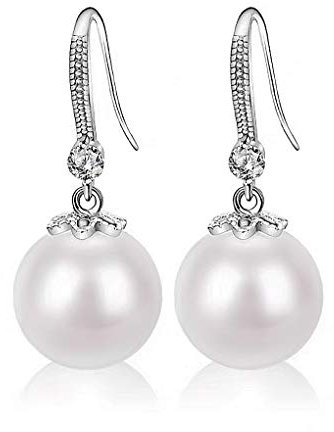 YAXUN Perlenohrringe Damen Ohrringe Ohrhänger Silber 925 und 5A Zirkonia Kristall Diamant, 12mm Runde Weiß Groß Perlen Tropfen Hängend Ohrringe, Schmuck Geschenke Für Frauen