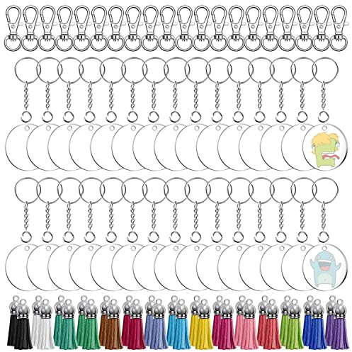 Audab Lot de 150 porte-clés vierges en acrylique transparent comprenant des vierges en acrylique, des pompons, des clips porte-clés, des anneaux porte-clés et des anneaux ouverts pour projets en