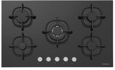 Piano Cottura da 75 cm a gas, N° 5 Fuochi, 1 bruciatore WOK, Nero