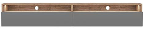 Selsey REDNAW - TV-Schrank/modernes TV-Board für Wohnzimmer, stehend/hängend, 180 cm breit (Wotan Eiche Matt/Grau Hochglanz mit LED)