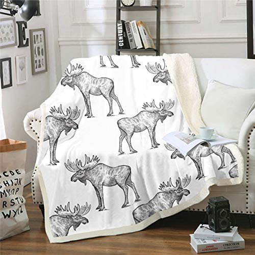 Elch Kuscheldecke Wildtier Thema Couchdecke für Stuhl Sofa Couch Cartoon Elch Plüsch Wohndecke Atmungsaktiv Grau Wildlife Style Flanell Fleecedecke Raumdekor 130x150cm