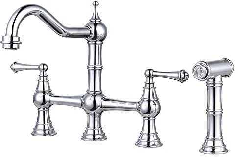 WOWOW 4 Hole Kitchen Faucet with Sprayer, 8 Inch Centerset Brass Bridge Kitchen Faucet 2 Handle with Side Sprayer, Vintage Farmhouse Kitchen Sink Faucet Chrome