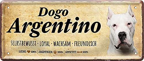 Lustiges Deko Hunde-Rassen Steckbrief Blech-Schild Blechschilder Dog (28 x 12 cm, Dogo Argentino -Selbstbewusst Wachsam Freundlich 167)