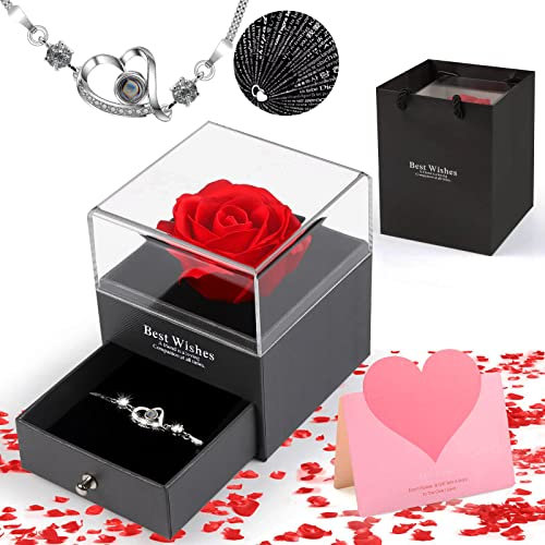 MOOKLIN ROAM Handgemachte Rose Konservierte Geschenkbox, Romantisches Ewige Rosen Geschenk Box mit I Love You Herz Armband im kleinen Schublade Lagerung für Valentinstag, Muttertag, Geburtstag