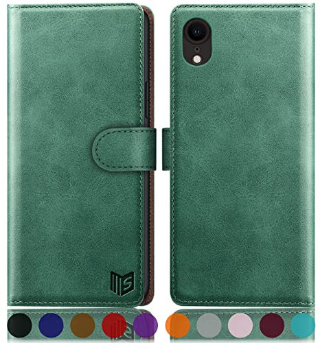 SUANPOT [RFID Schutz für iPhone XR 6,1-Zoll hülle PU Leder handyhülle Lederhülle klapphülle Kartenfach Flip Phone Case Cover für iPhone XR handyhülle Hellgrün