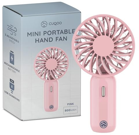 CUQOO Mini ventilateur à main – Rechargeable par USB avec batterie de 800 mAh et 3 vitesses, portable pour voyage, maison, bureau, école et utilisation quotidienne, mini ventilateur compact léger