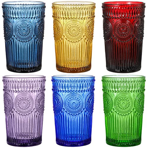 Kingrol Lot de 6 verres à eau vintage de 355 ml, verres romantiques, verres de qualité supérieure pour jus, boissons, bière, cocktail