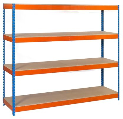 Simon Rack SimonTaller Industrieregal, 2000 x 2100 x 600 mm, 500 kg Biegepunkt, 4 Holzböden, Lagerregale, Metallregale, Blau/Orange/Holz