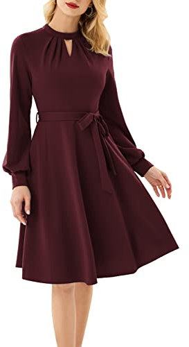 GRACE KARIN Damen Stehkragen Partykleid Lange Ärmel Einfarbig Knielänge Kleid Rot XL
