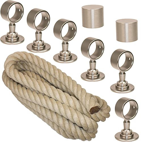 Handlaufseil Set 30mm - bestehend aus 2 Endkappen 6 Seilträger vernickelt und 6m Nature Touch Handlaufseil naturfarben