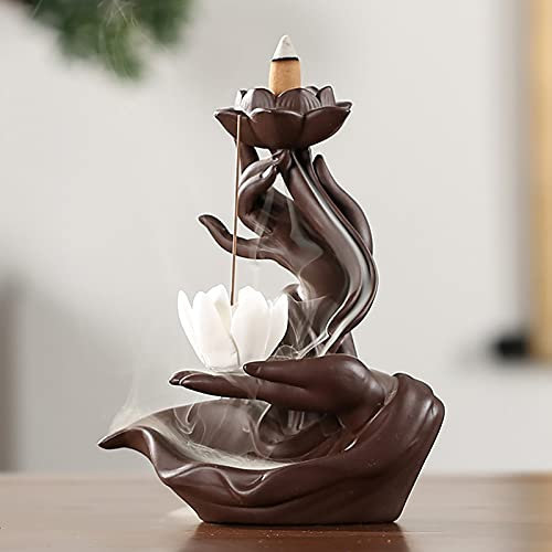 Fyearfly Bruciatore di incenso a riflusso,a cascata,porta incenso a cascata in ceramica Bruciatore di incenso a cono Bruciatore di incenso a mano di Buddha che tiene il portaincenso di l