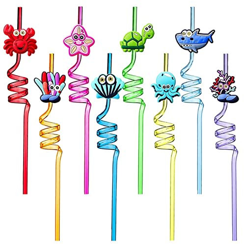 Lot de 8 pailles en plastique réutilisables en forme d'animaux marins