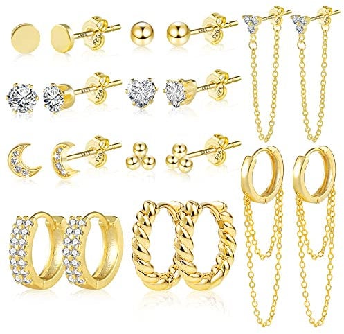 ALEXCRAFT Ohrringe Set Kleine Gold, 10 Paar Multipack Ohrringe Gold Ohrstecker Set Damen, 14k Vergoldet Creolen mit Kette Anhänger, Hypoallergen Ohrringe Gold Set für Mehrere Ohrlöcher