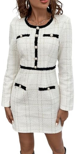 ARTANT Women's Dress Frenchy Plaid Print Button Fitted Short Dress Round Neck