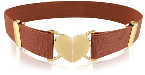 Andibro Elastische Gürtel für Mädchen, kindergürtel Verstellbarer Stretch Gürtel modischer Metall Herz Schnalle Bund für Kleider Jeans(Braun)