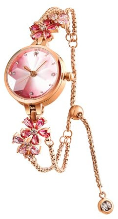 SURVAN WatchDesigner Uhr Damen Exquisite Armreif Armband Minilistisch Stil Diamant Zifferblatt Blatt Förmig Kristall Glas Rund Uhrengehäuse Alltag und Jubiläum geeignet (Rot)