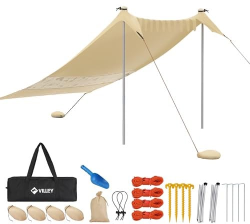 VILLEY Tienda de Sol 2m x 2,4m Caqui, Toldo de Playa UPF50+ Protección UV, Tienda de Playa de Lycra, Sombrilla de Playa para Picnics, Pesca, Protección Solar