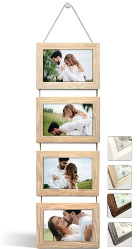 NEOWS Portafotos Múltiple Decorativo para Colgar en Pared - Marcos de Fotos Multiples de Madera Con Cuerda - Collage Portarretratos Colgante - Fotos 10x15 cm (Roble Natural, 4 Fotos Horizontal)