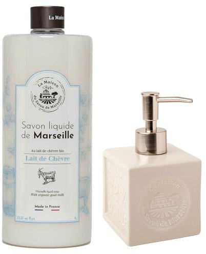 Maison Du Savon De Marseille Flüssigseife aus Bio-Ziegenmilch mit weißem Keramik-Seifenspender, Nachfüllpackung 1 Liter und 300 Milliliter-Spender