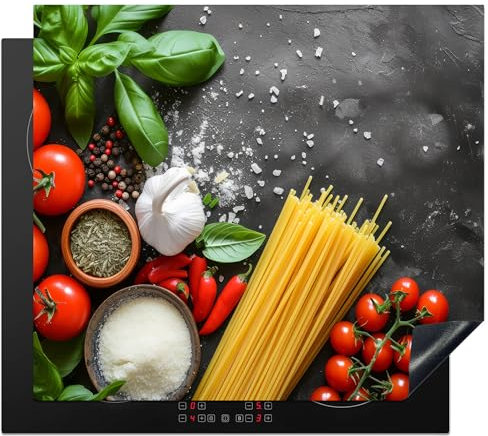 KitchenYeah© Protection Plaque Cuisson Deco Cuisine Cache Induction 59x52 cm Protege Pour Cuisiniere Protection Ustensiles Légumes - Tomates - Spaghetti - Béton - Herbes