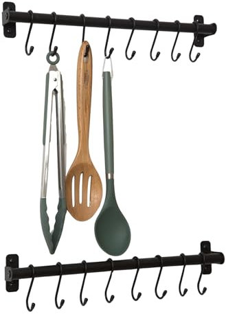 simplywire - Kitchen Utensil Holder and Organiser - Pack of 2 – Wall Mounted Rail Pan Rack – 16 Hanging Hooks – Black